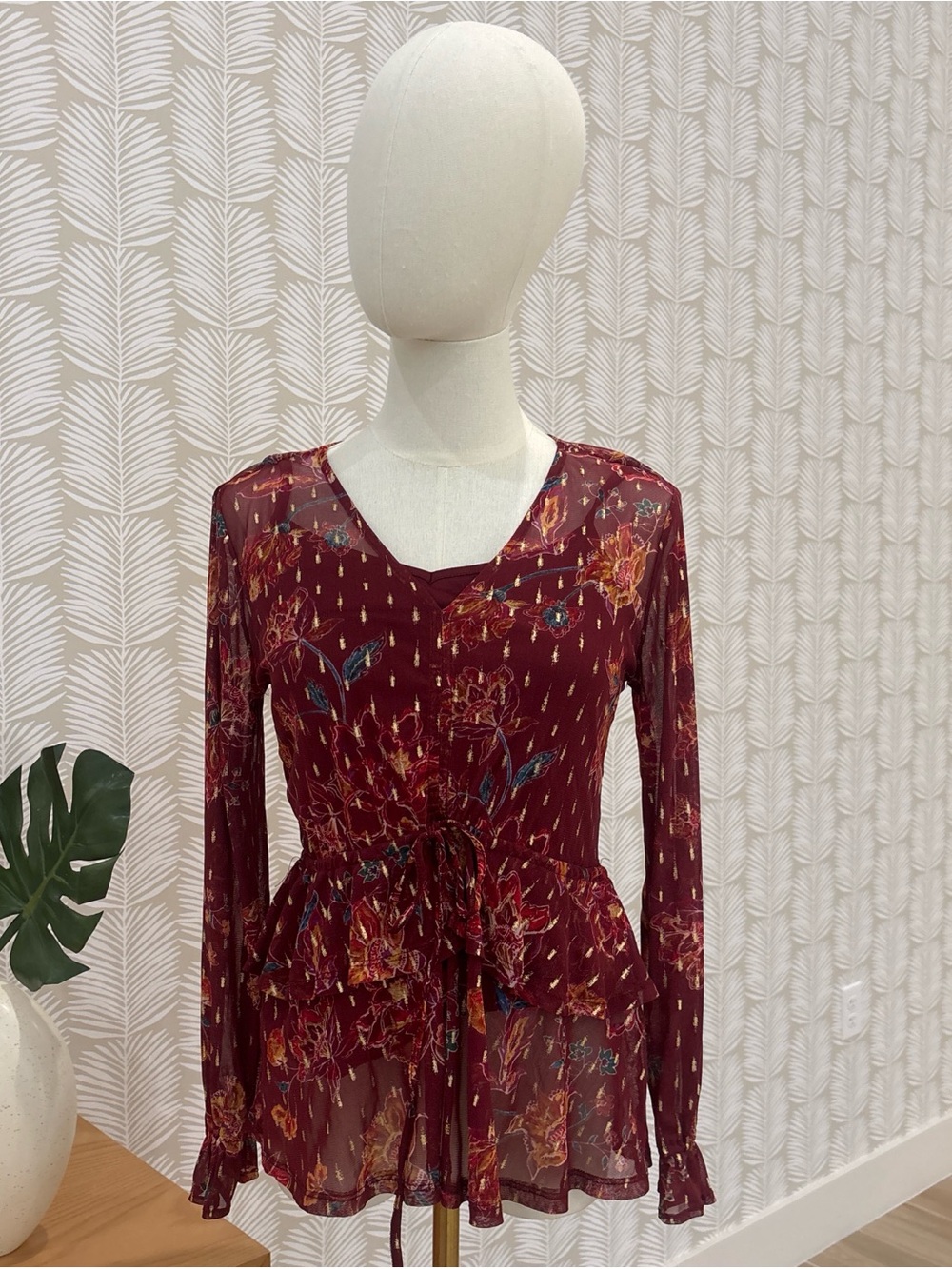 Style & Co. Burgundy Floral Peplum Long-Sleeve Top